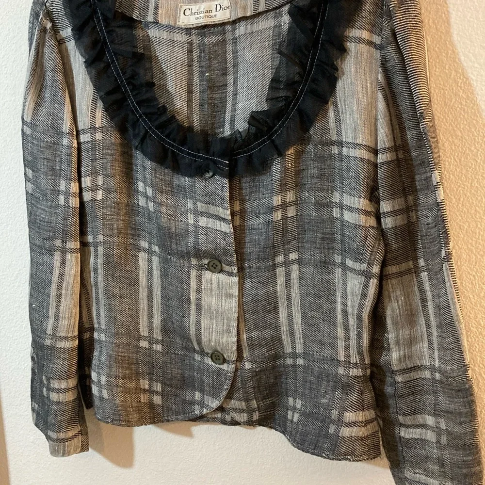 Vintage Dior Boutique Ruffle Collar Plaid Lightweight Blazer Size M